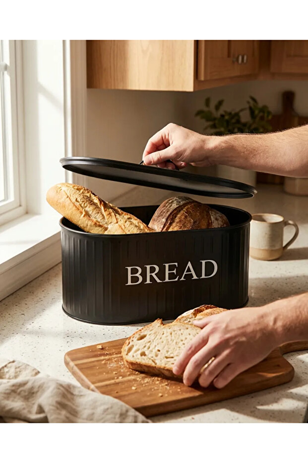 Luxury Modern Large Size Metal Bread Bin with Metal Lid, Black Bread Box Basket 32 cm