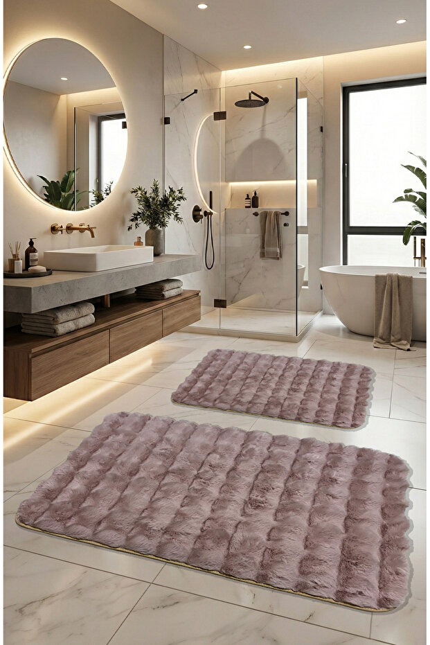 Bubble Rabbit Hair, Non-Slip Base, Fluffy, Ultra Luxury, Washable 2-Piece Bath Mat Pink