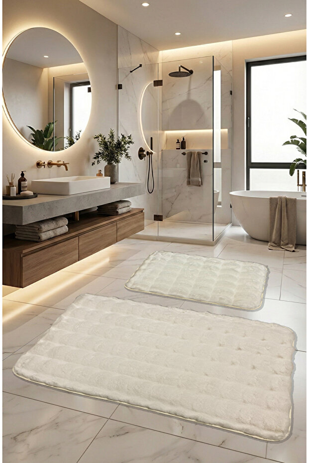 Bubble Rabbit Hair, Non-Slip Base, Fluffy, Ultra Luxury, Washable 2-Piece Bath Mat Ecru