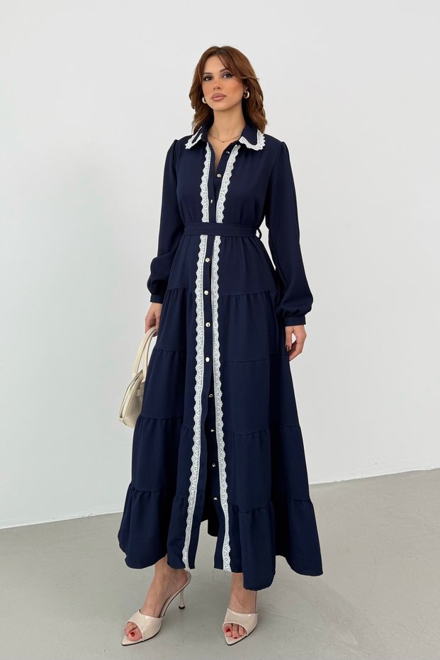 Women's Navy Lace Detailed Maxi Shirt Dress
