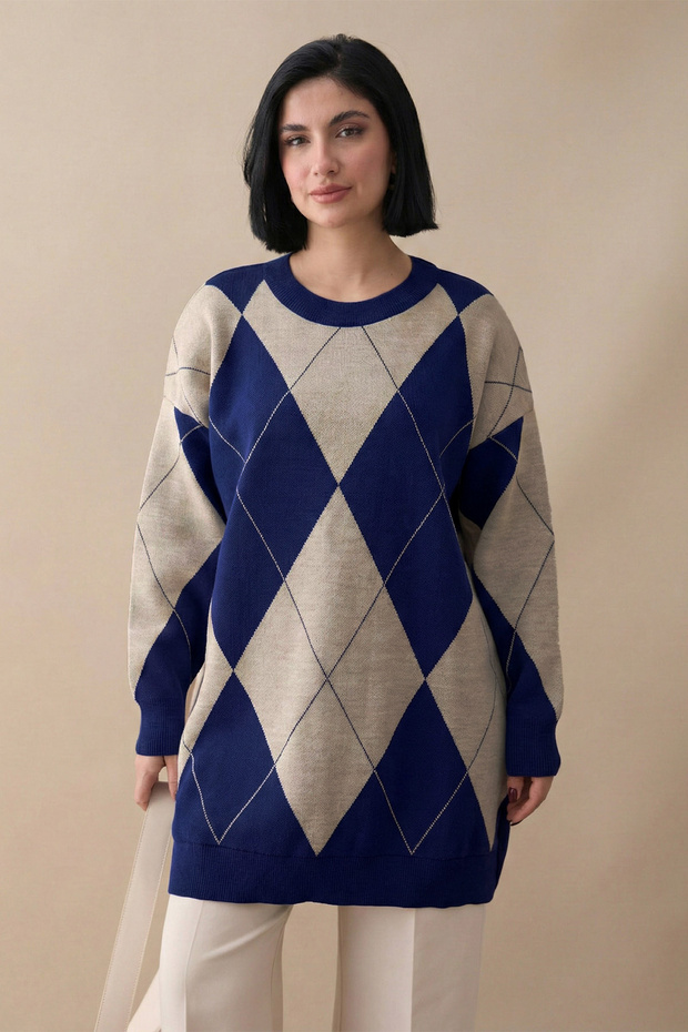 Baklava Pattern Knitwear Cobalt Blue Tunic