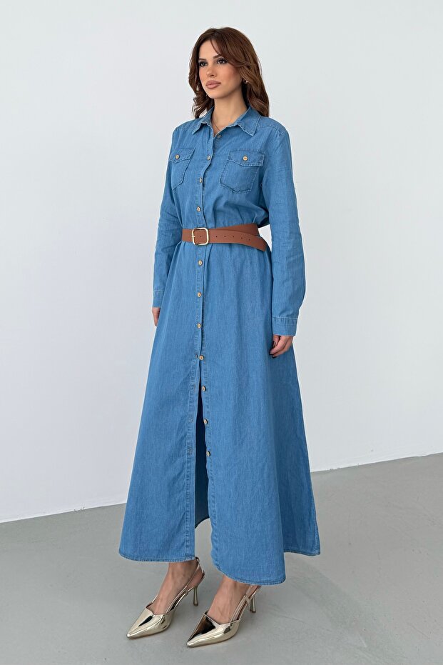 Women's Light Blue Belt Pack Maxi Denim Shirt Dress