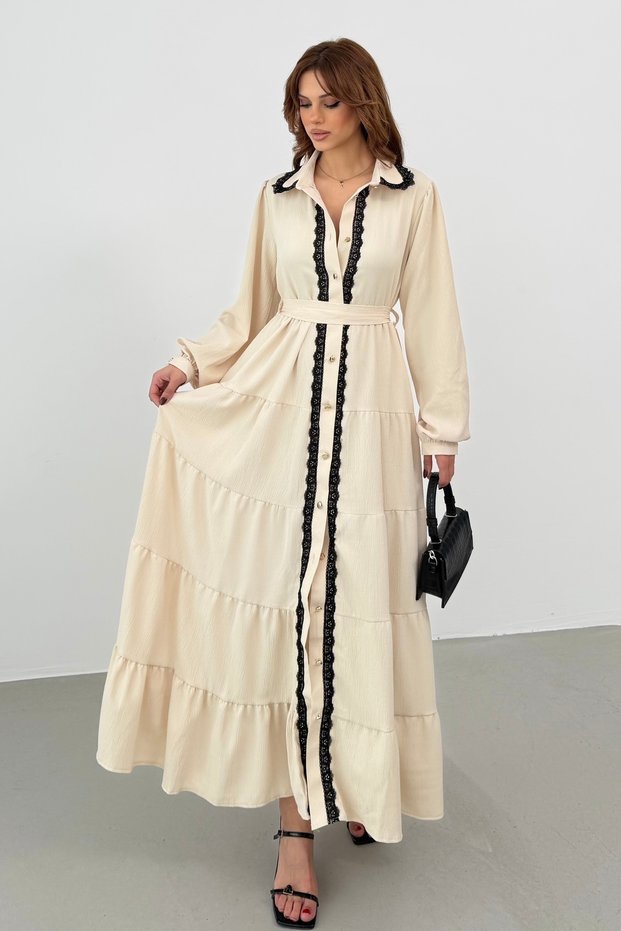 Women's Beige Lace Detailed Maxi Shirt Dress