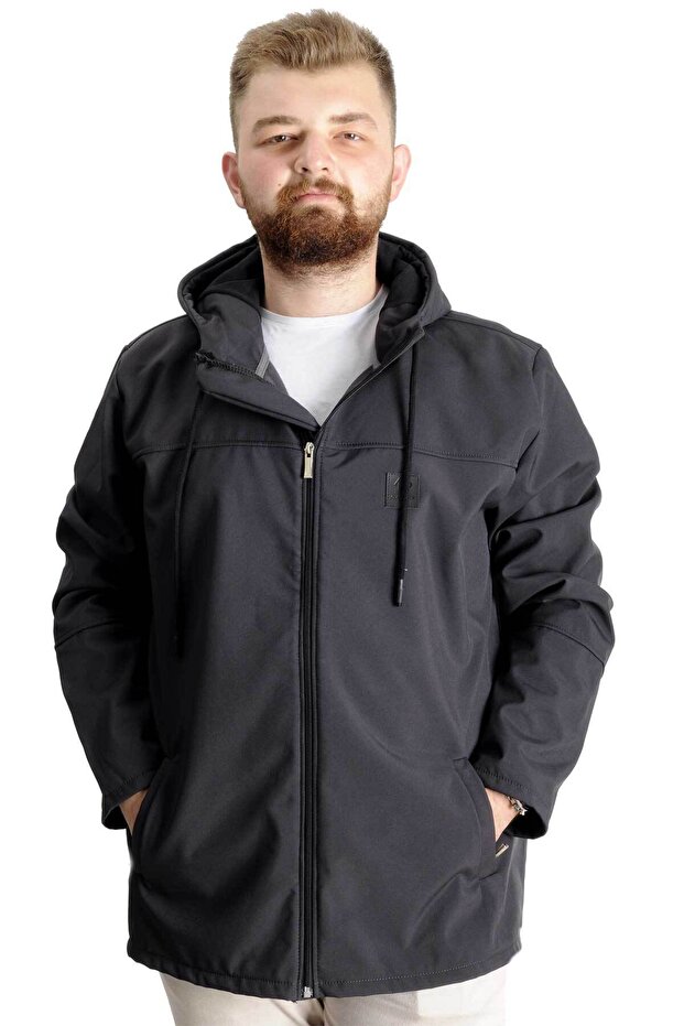Modexl Mode Xl Büyük Beden Erkek Kapüşonlu Mont Waterproof Softshell 21235 Antrasit
