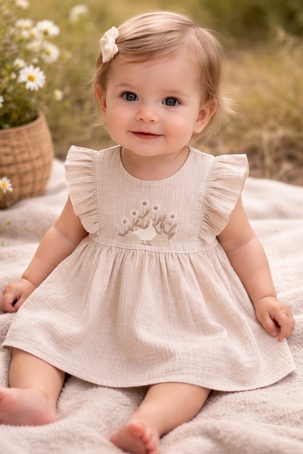 Brown Flower Embroidery Ruffle Baby Girl Short Sleeve Dress 22673
