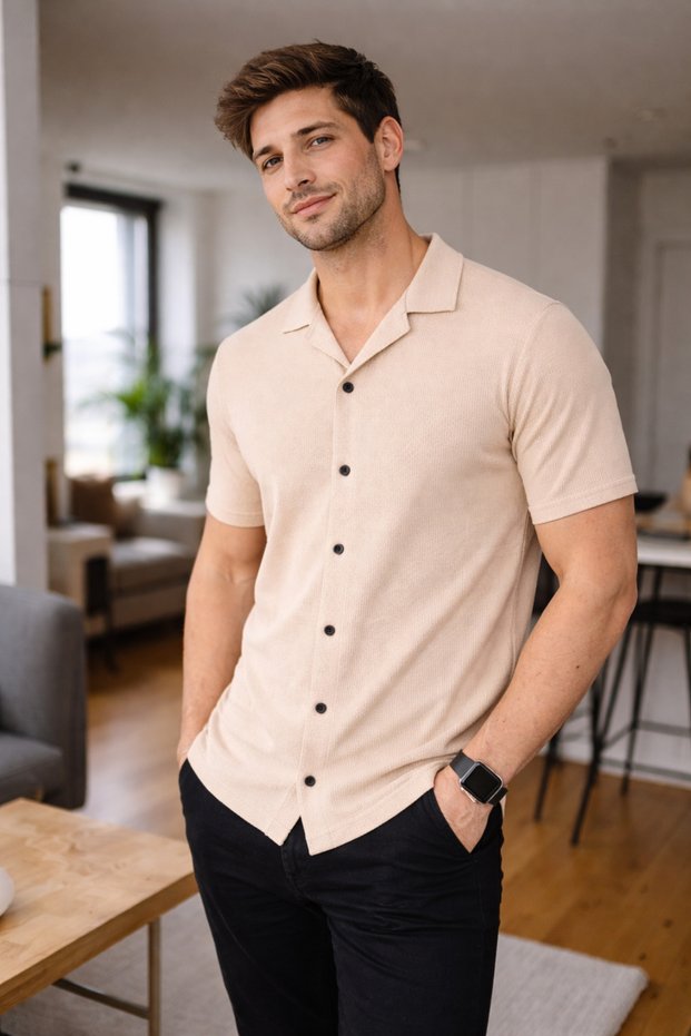 Men's Short Sleeve Polo Neck Buttoned Shirt Slim Fit Casual Knitwear Top