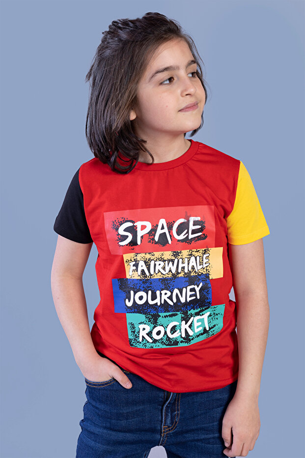 Boy's Printed Crew Neck Short Sleeve T-Shirt - Color Block