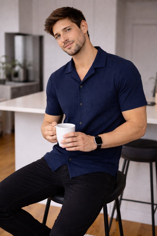 Men's Short Sleeve Polo Neck Buttoned Shirt Slim Fit Casual Knitwear Top