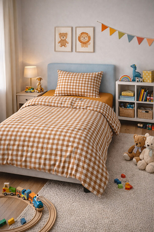 Double-Sided Cinnamon Gingham Patterned - Printed Single Duvet Cover Set - 4