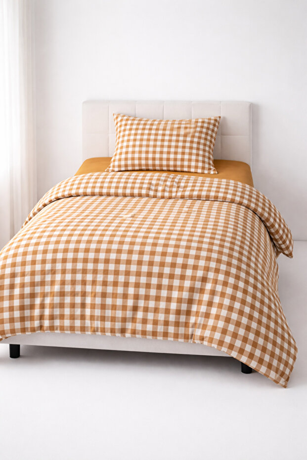 Double-Sided Cinnamon Gingham Patterned - Printed Single Duvet Cover Set - 5