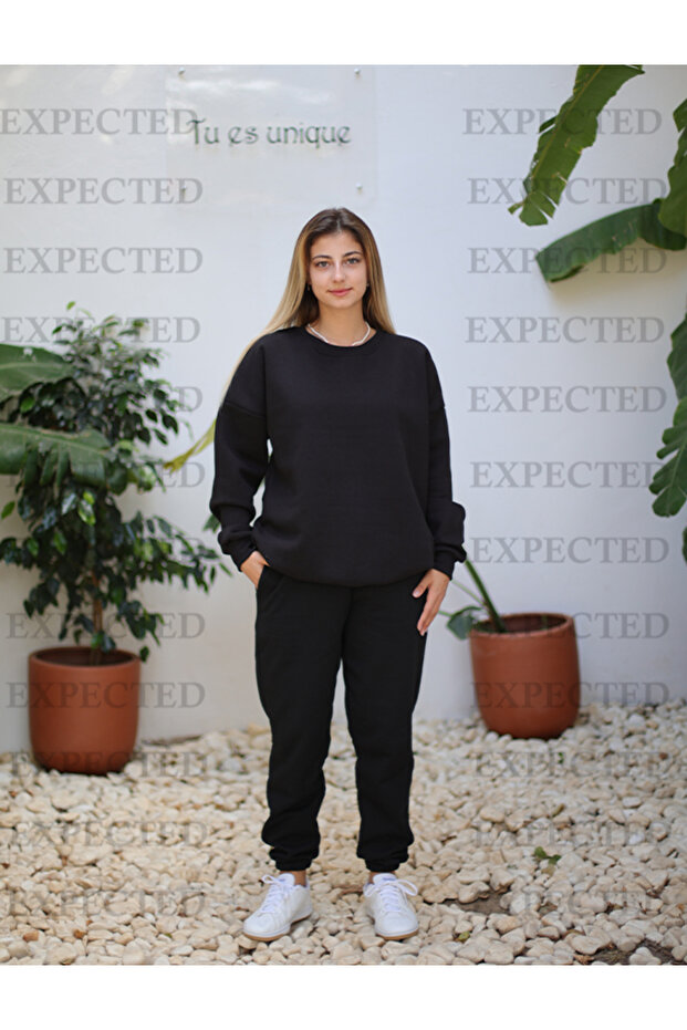 Women's Black 3 Thread Raised Tracksuit Set