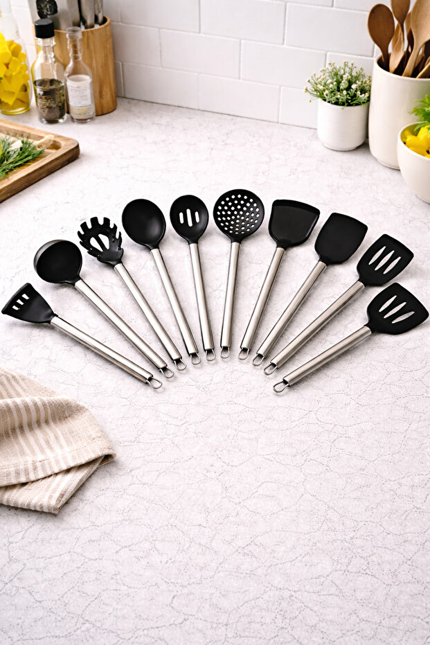 Noda 11 Piece Stainless Steel Silicone Tip Spatula Kitchen Set Black