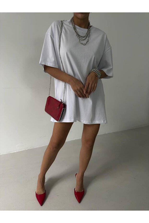 Beyaz Oversize Baskılı Basic Tişört – Cles Couture - 4