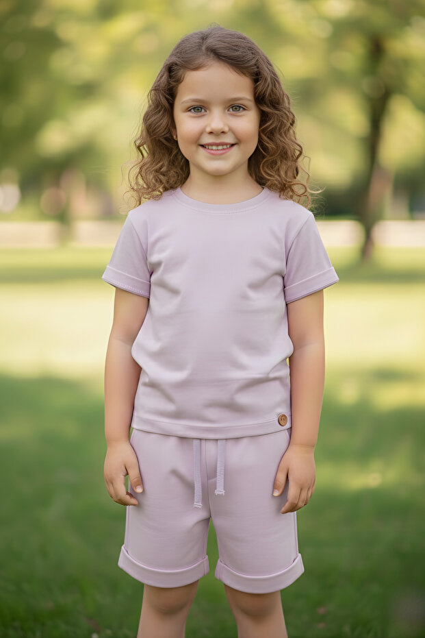 Children's Set - Button Detailed Summer Set for Girls and Boys, Unisex Lilac Children's Top and Bottom Set