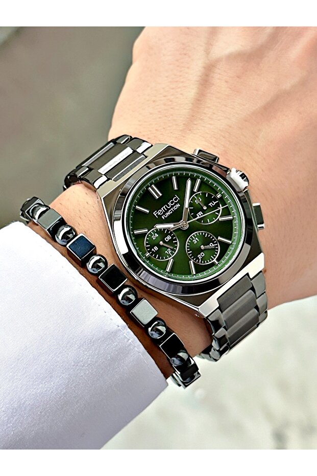 ساعة يد رجالية بوظائف متعددة ومينا أخضر اللون - 4