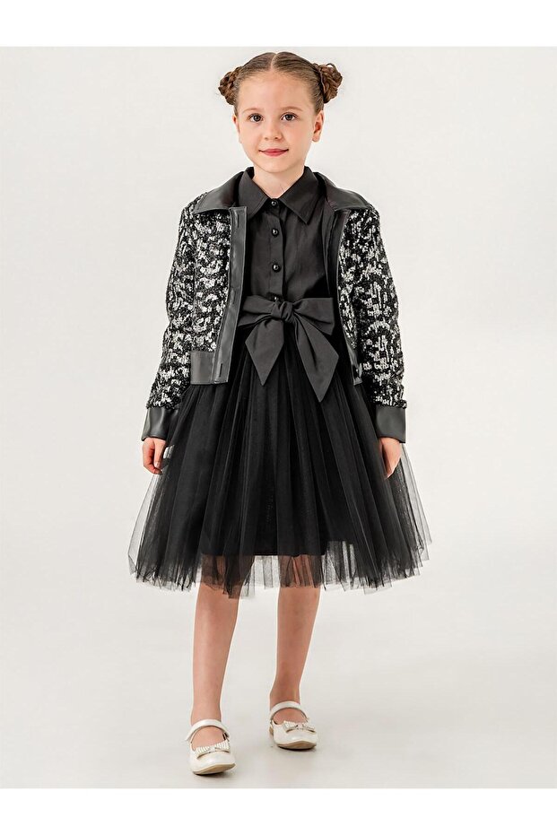 Leopard Cardigan Bow Dress 2-Piece Set for 2-5 Years - Gray 5-6 Years