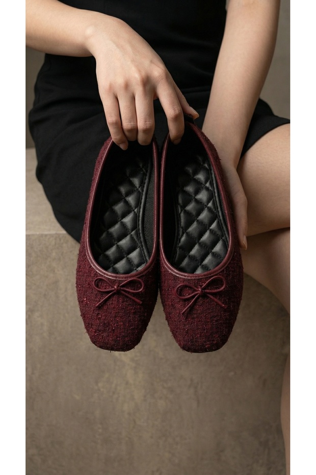 Women's Burgundy Tweed Fabric Bow Mary Janes Ballet Flats 1 cm BYNDLCK01