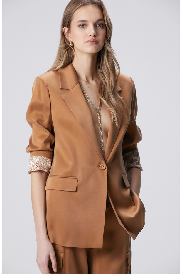 Camel Cupro Blazer Ceket - 1