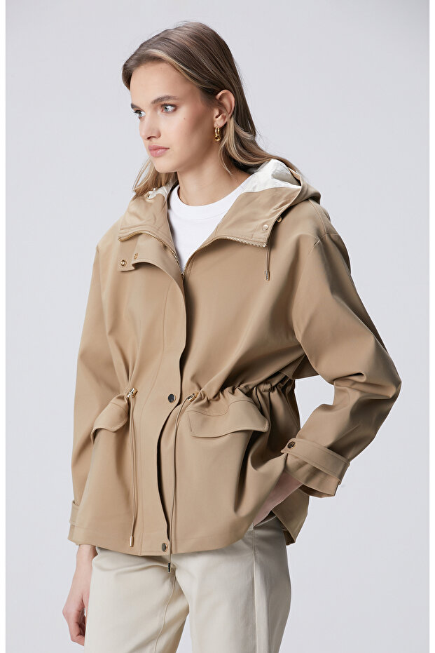 Bej Kapüşonlu Mont - 4