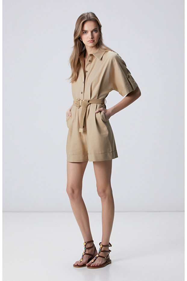 Bej Kısa Kollu Tulum - 4