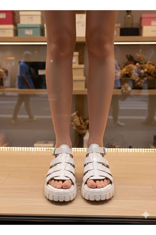 KREM DERİ SANDALET - 2