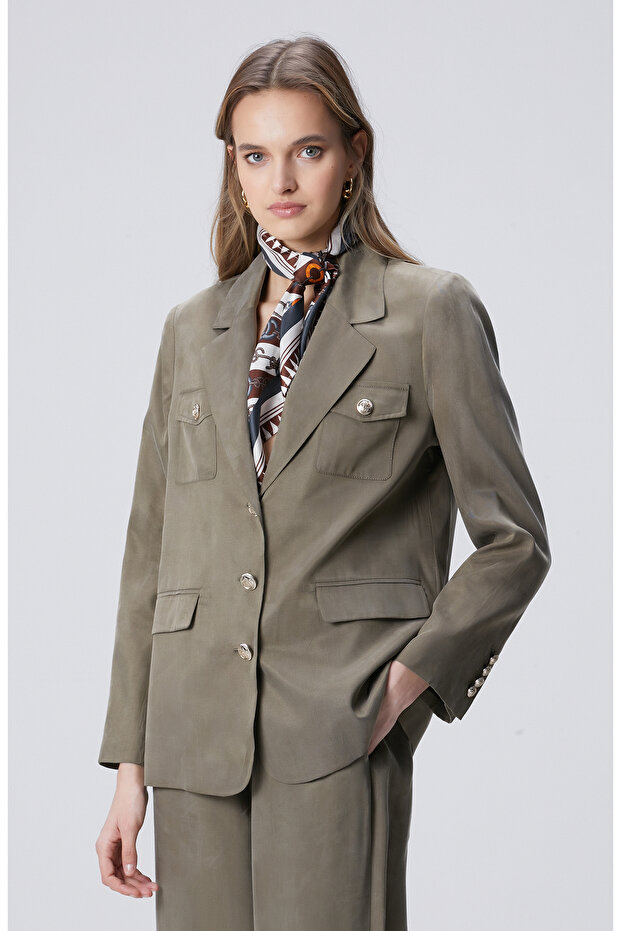 Haki Cupro Blazer Ceket - 4