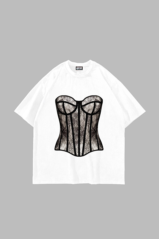 تي شيرت أبيض للجنسين مطبوع عليه Fit Corset مقاس كبير