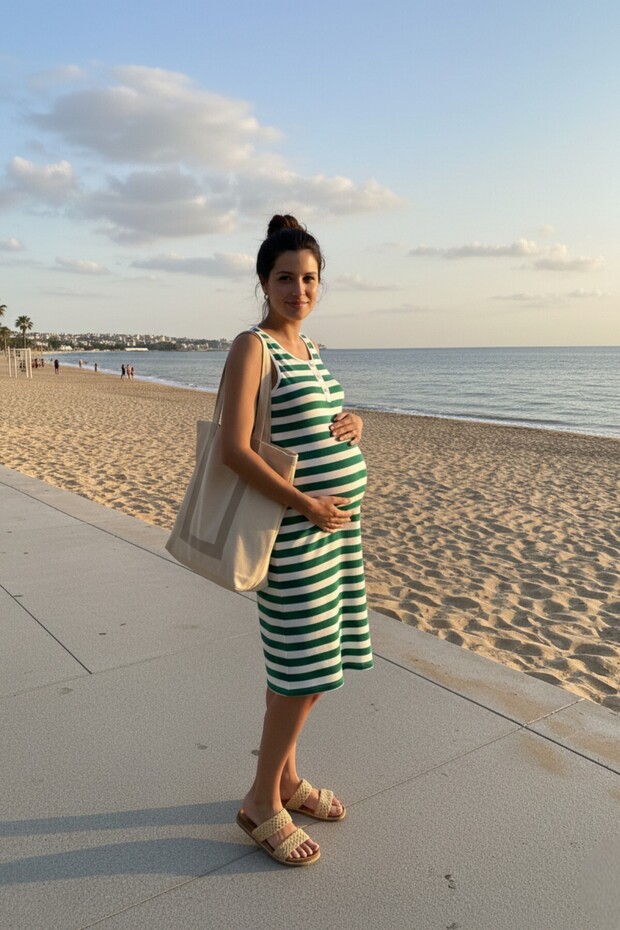 Ribbed Marine Maternity and Postpartum Ribbed Fabric Striped Collar Buttoned Zero Sleeve Dress