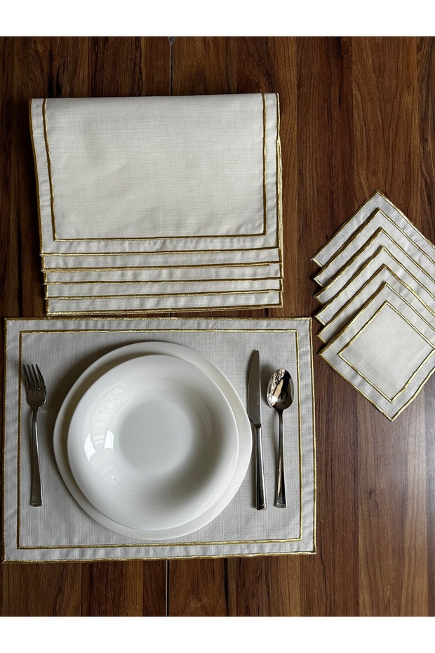 Double Row Gold Embroidered 12-Piece Set, American Service Plate and Coffee Side Cocktail Presentation Napkin