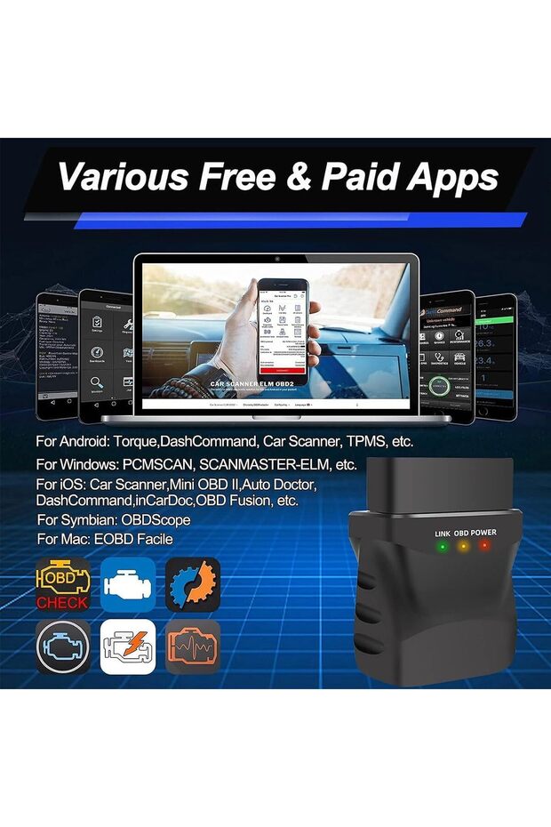 جهاز فحص أعطال السيارات Excefore OBD2 بتقنية بلوتوث 4.0، قارئ أكواد متوافق مع أجهزة iPhone وiOS وAndroid وiPad والكمبيوتر الشخصي - 4