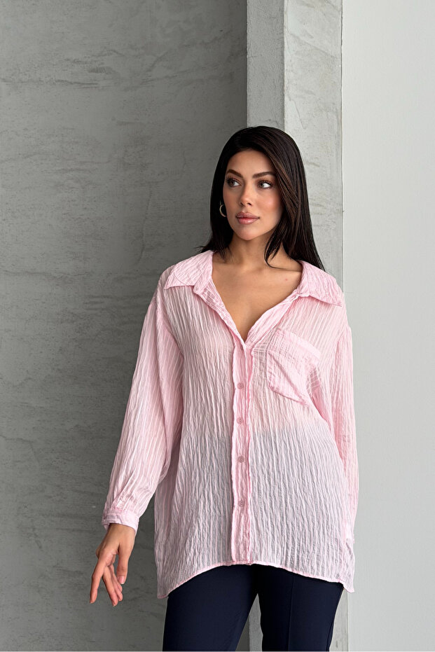 Oversize Çizgili Gömlek - 8