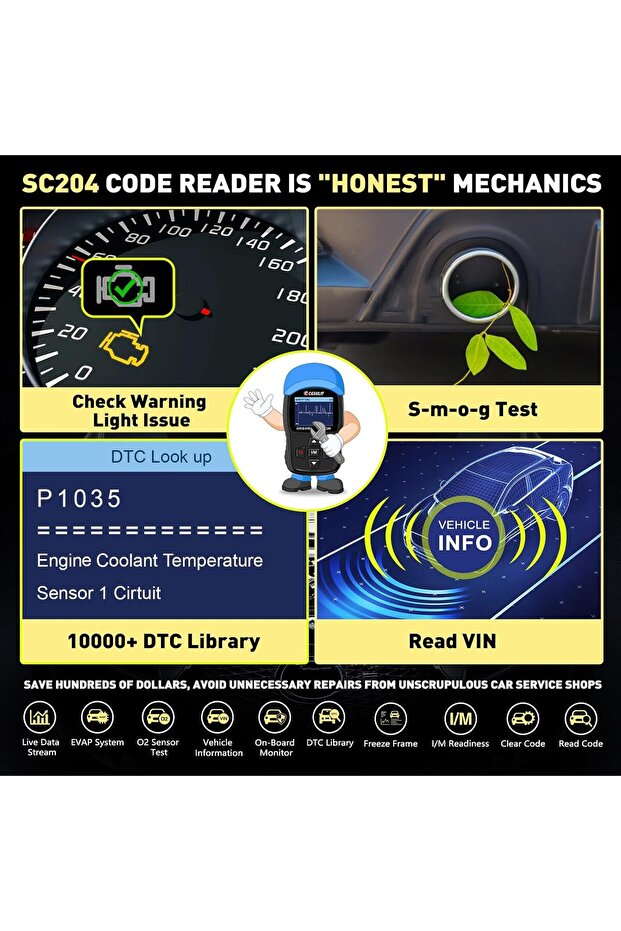 CGSULIT OBD2 Code Scanner SC204 Car Diagnostic Code Reader Check Engine Issue, Read Error Codes, DTC - 3