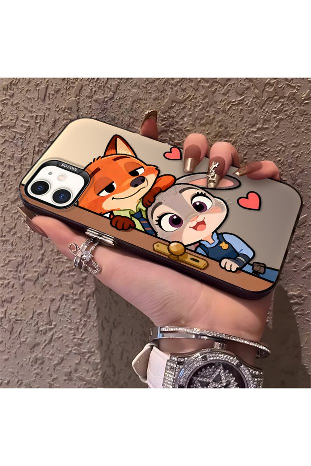 iPhone 11 Compatible High Quality Cartoon Fox and Rabbit Couple Printed Case