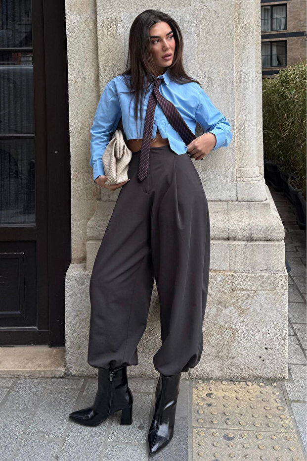 Dark Brown Pleated Pocketed Balloon Women's Pants MG2692