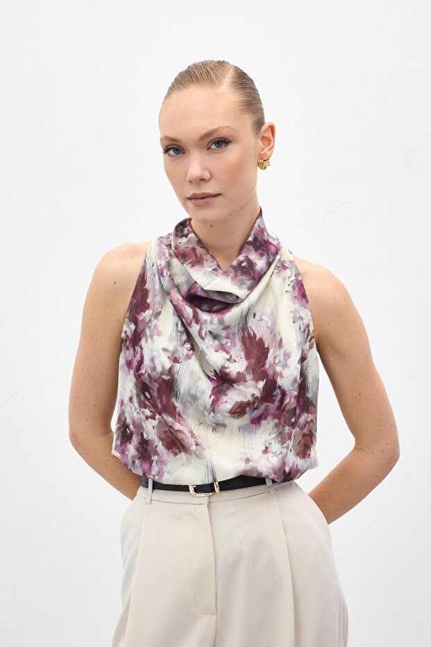 بلوزة منقوشة بياقة هالتر - لون برقوق - 5