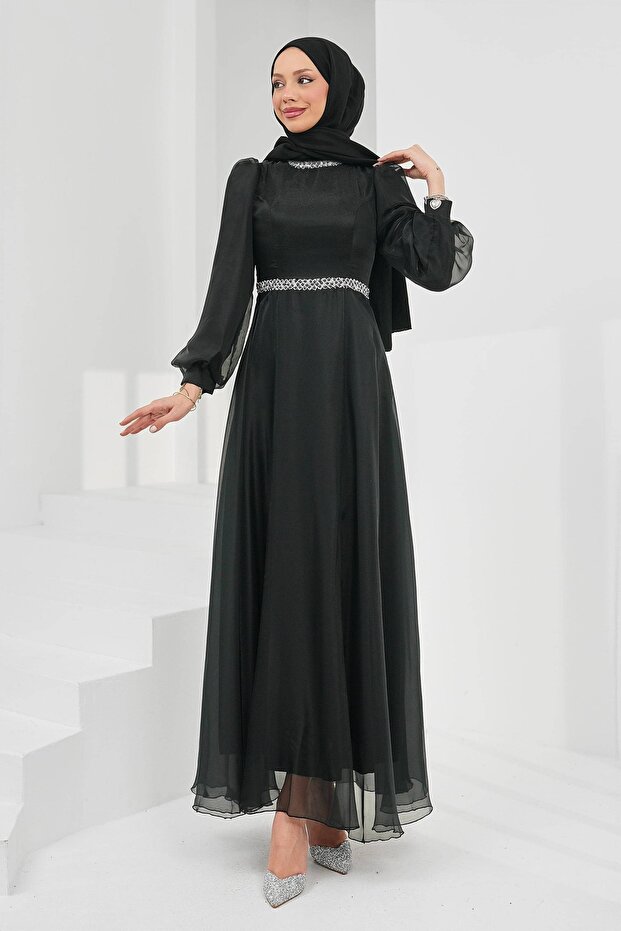 Black Collar Waist Stoned Balloon Sleeve Evening Dress