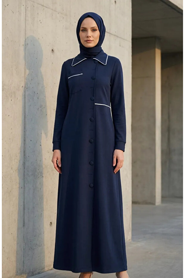 فستان بخياطة مزدوجة الأطراف مع أزرار 71176-06 باللون الأزرق الداكن - 3