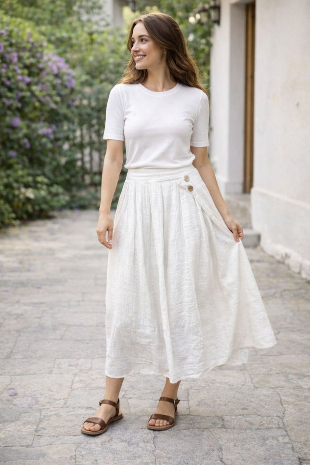 Women's New Season Buttoned % Cotton Fabric Skirt