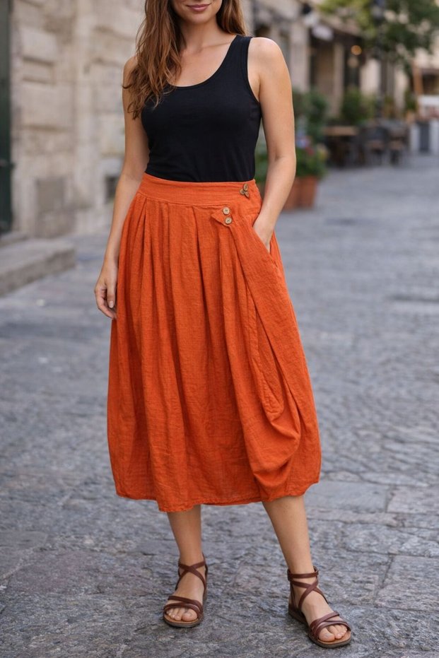 Women's New Season Buttoned % Cotton Fabric Skirt
