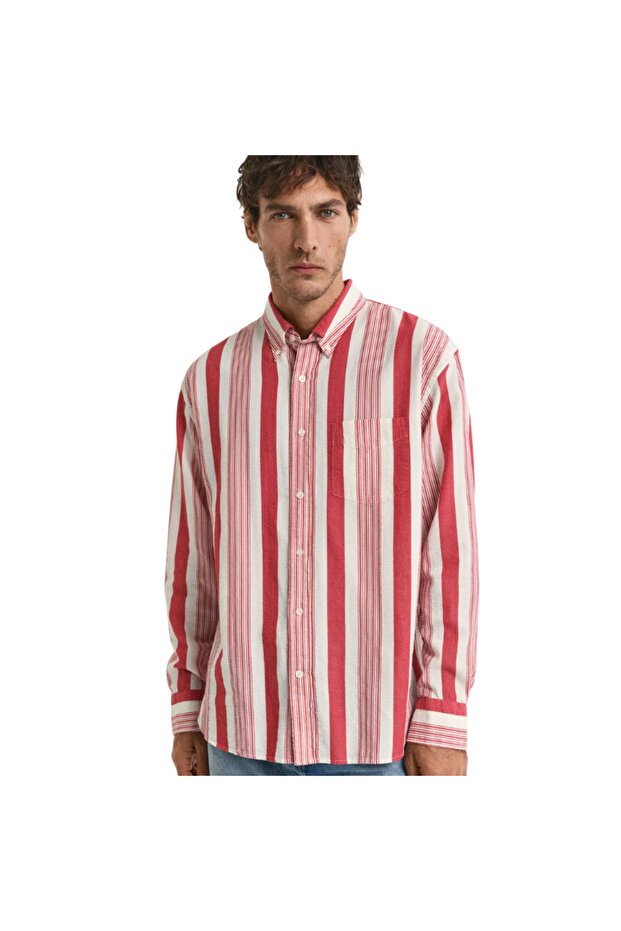 Men's Red Relaxed Fit Buttoned Collar Striped Shirt