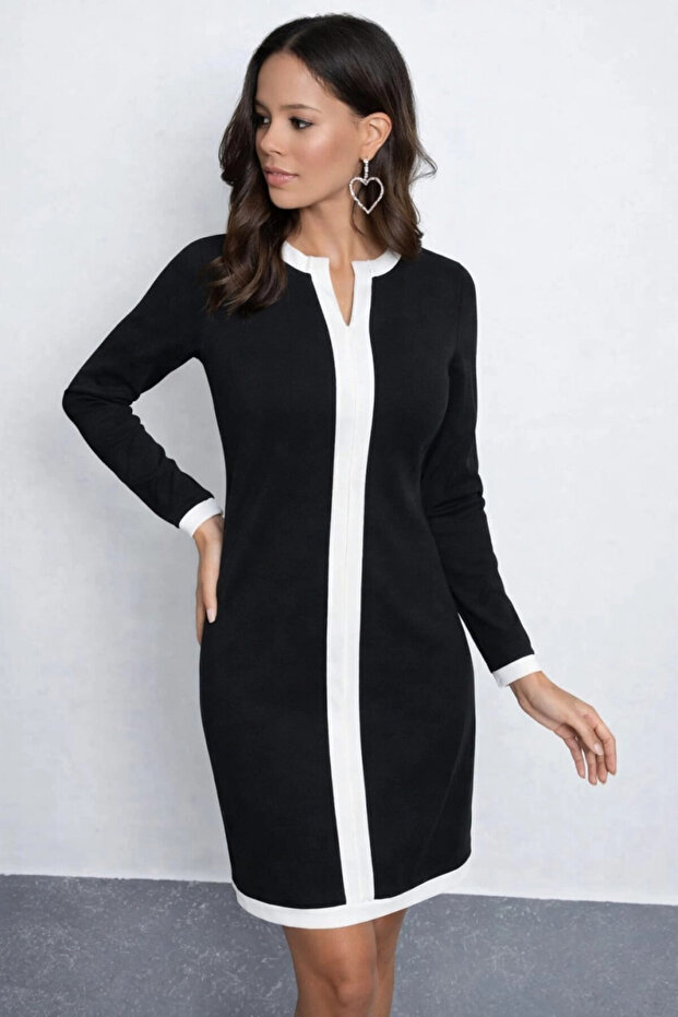 Contrast Stripe Detailed High Neck Black Mini Dress