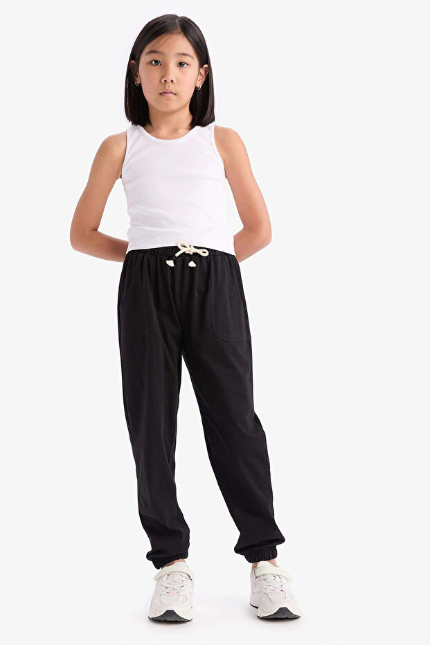 Z8779A6Bk81 Black Elastic Waist Pocket Jogger Sweatpants for Girls