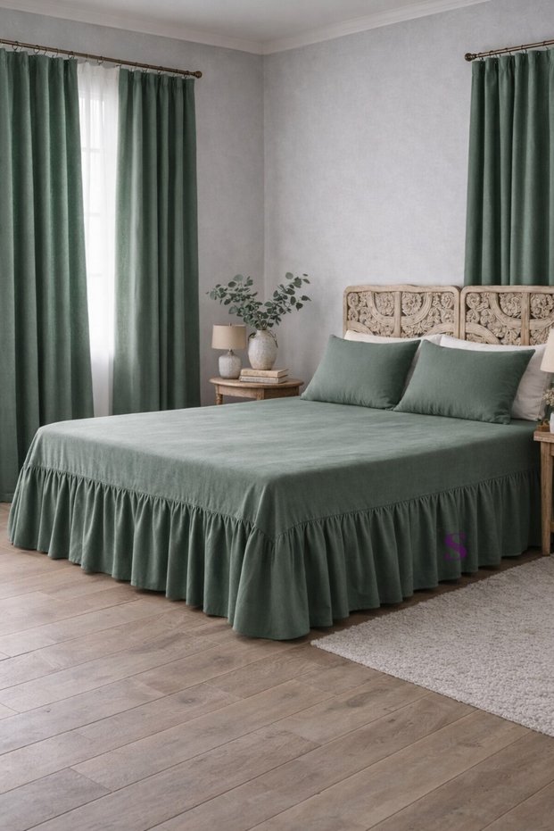 Green Buldan Linen 3-Sided Gathered Bed Skirt with 2 Pillows Hotel Style Decoration Set 180 X 200