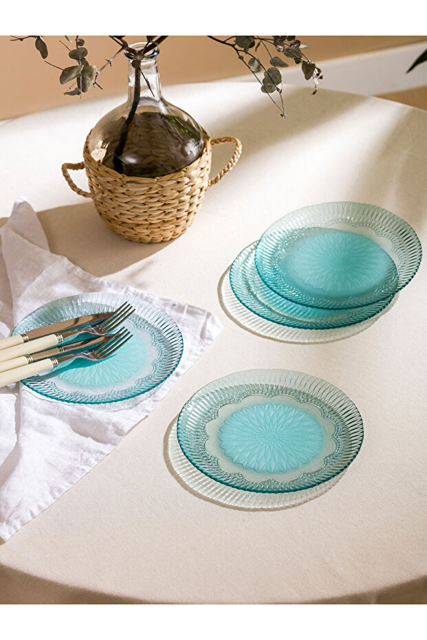 Turquoise Patterned Glass Plate Set of 4 21 cm