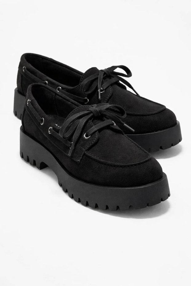 Women's Black Suede Lace-Up Thick Sole Casual Shoes – Chunky Platform Casual Model