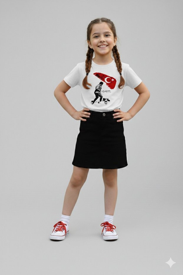 Girl's Kocatepe Atatürk Printed T-Shirt and Linen Skirt Set 23 April Special Holiday Show Outfit