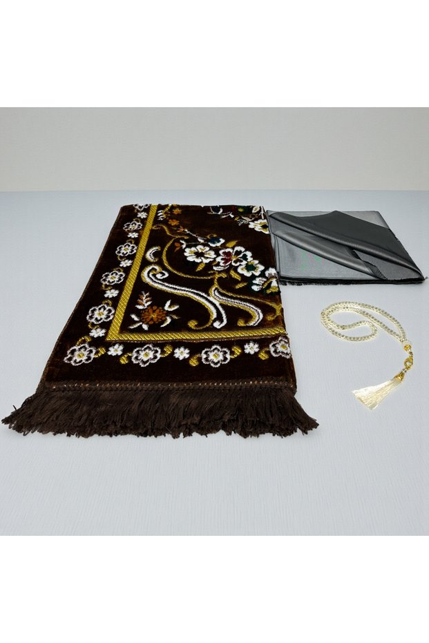 Scarf Set with Bag – Velvet Prayer Rug, Flared Cotton Scarf, and Prayer Beads | Brown