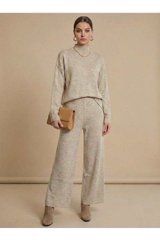 Women's Beige High-Neck Knitwear Top and Bottom Set Nj83