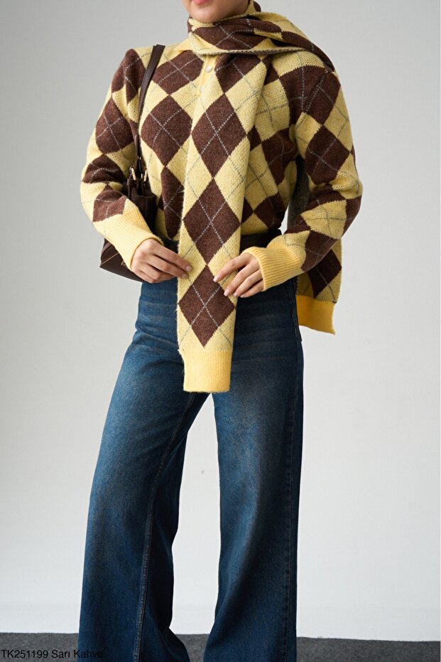 Women's Yellow-Brown Diamond Pattern Knitted Cardigan
