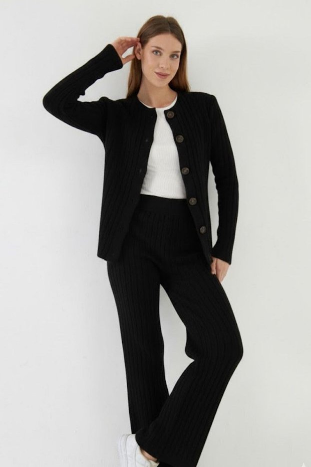 Women's Soft Textured Cardigan-Pants Bottom-Top Knitwear Set 7119 Black